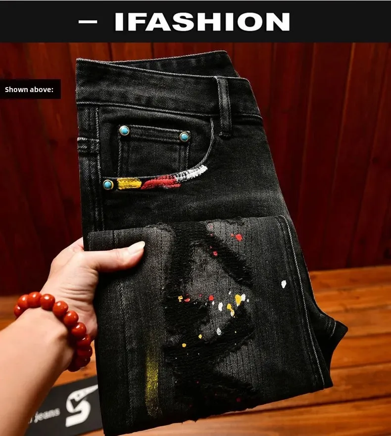 High-End Vintage Ripped Jeans for Men Slim Fit Trendy Paint Print 2025 Autumn and winter casual trendy long pants — image 8