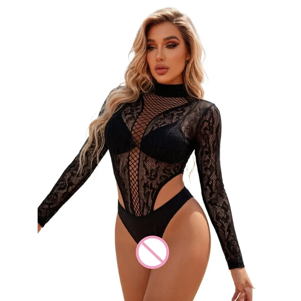 Women Sexy Lingerie Teddy Snake Pattern Long Sleeves Costumes Fish Net Perspective Jumpsuit Bodysuit Cosplay Outfits — image 8