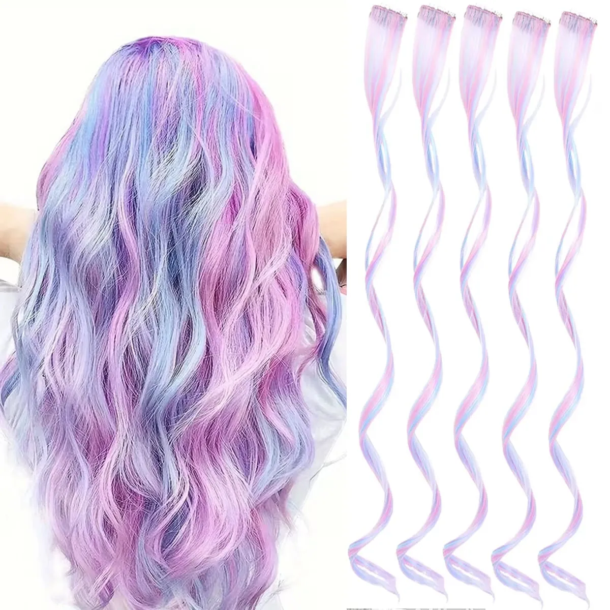 Synthetic 5Pcs Clip In Hair Extensions Colorful Ombre Curly Wig Rainbow Highlight Hair Clip On Hairpieces For Women Girls — image 2