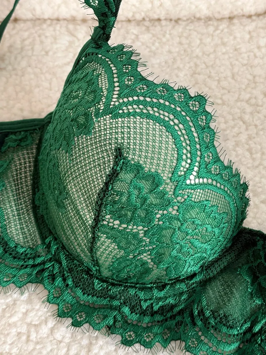 Sexy vintage verde cílios renda lingerie conjunto senhoras pura malha underwire sutiã tanga roupa de noite 2 peças s‑xl — image 3