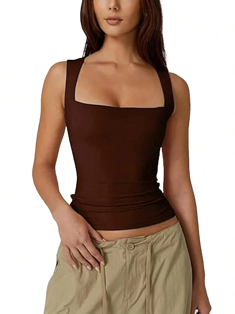 2026 Summer Women's Square Neck Sleeveless Double Layer Tank Top Basic Tight T-shirt Y2k Solid Sexy Goth Tank Top Women Clothing — image 9
