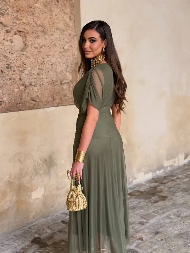Women Solid Deep V-neck Mesh Long Dress Elegant Puff Short Sleeve Ruched Waist High Vestidos 2026 Summer Lady Casual Street Robe — image 3