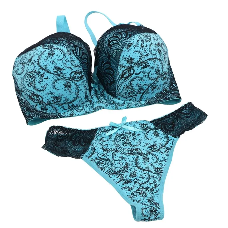 Women Color Block Floral Lace Print Bra Briefs Set Push Up Adjustable Support Sexy Thong Panties Daily Women Lingerie Set