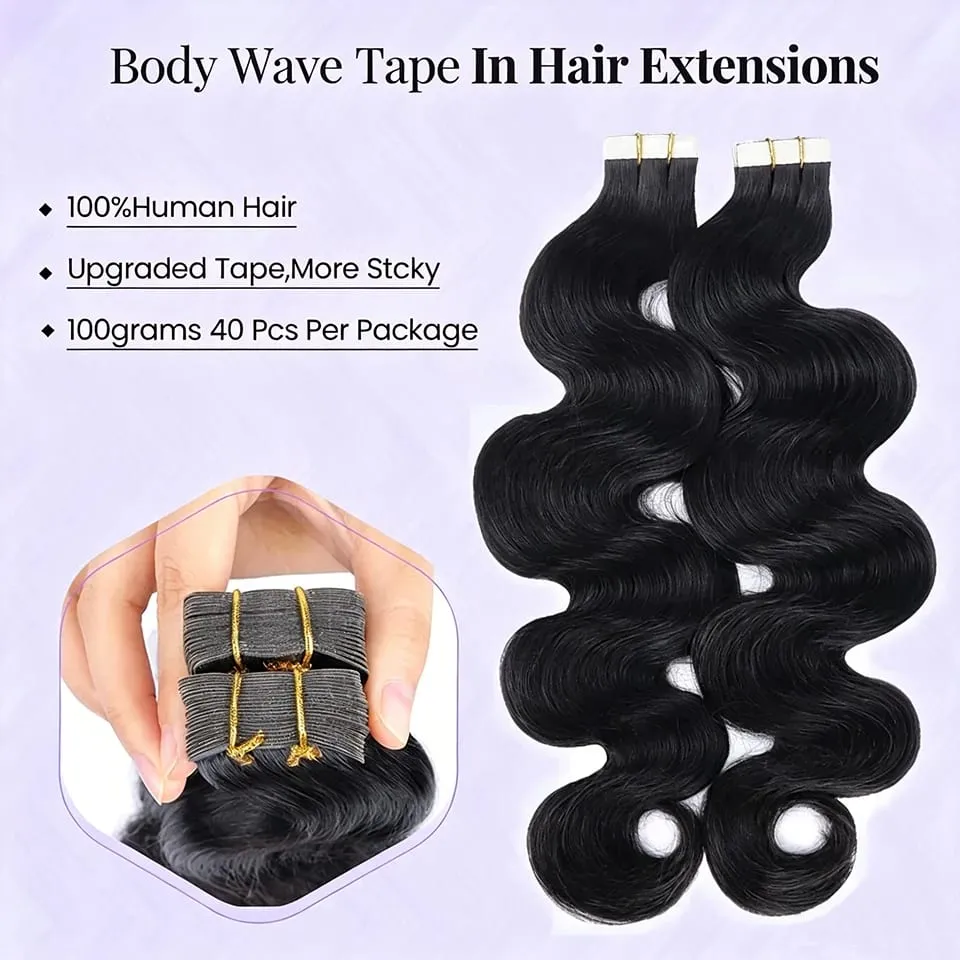 Tape in Hair Extensions Human Hair Body Wave Natural Black Reusable Double-Side Seamless Extension Human Hair 50G 20 PCS/pack — image 3