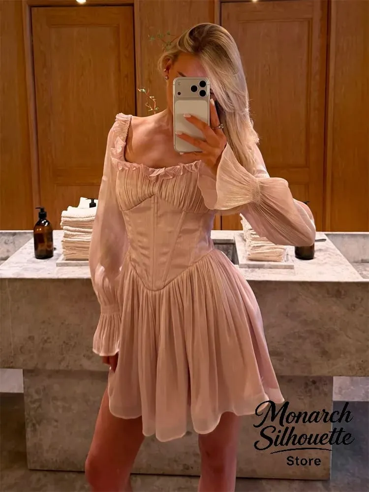 Elegante gola quadrada plissado guarnição vestido feminino chique sólido mangas completas cintura cinching vestidos curtos senhora sexy rua robes novo — image 7