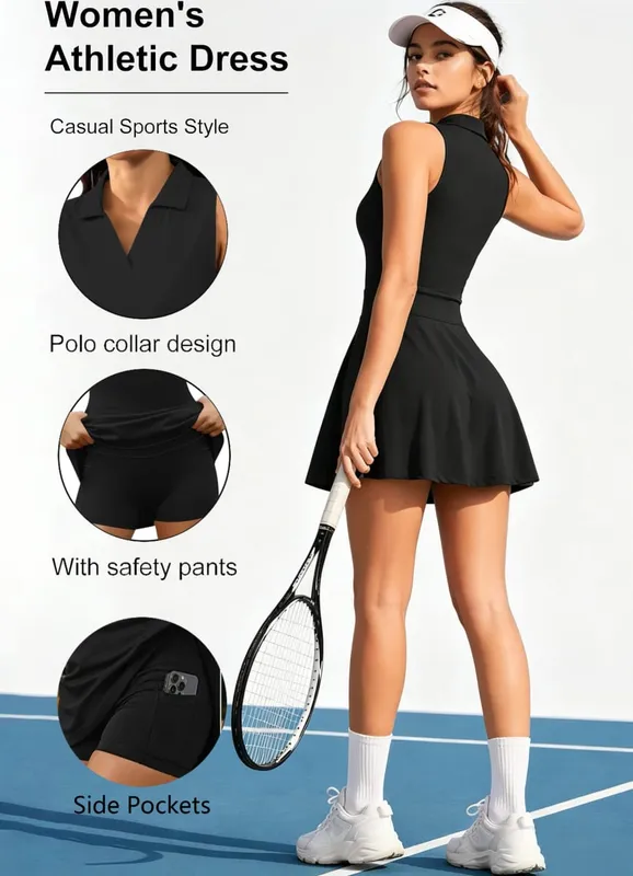 Womens Sleeveless Golf Tennis Dresses with Inner Shorts&Pockets for Workout Exercise