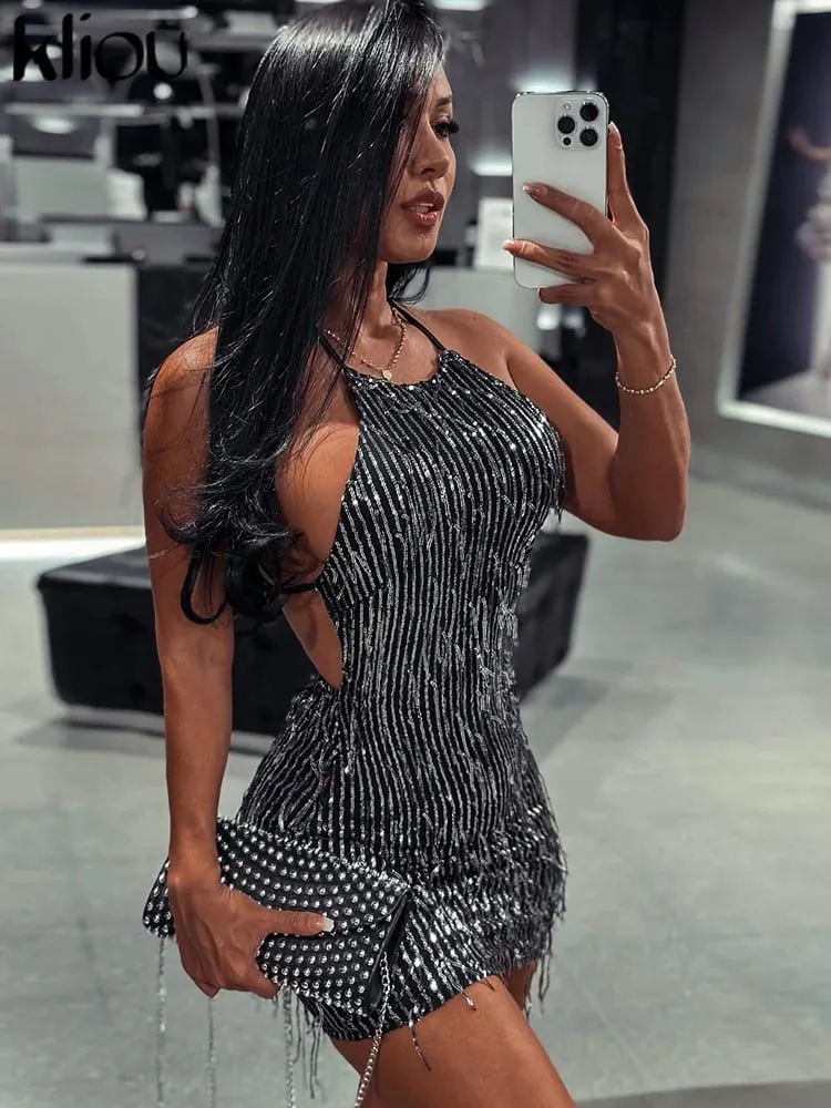 Kliou borla retalhos brilhante mini vestido feminino halter bandagem deslumbrante sem costas sem mangas magro vestido feminino festa clubwear