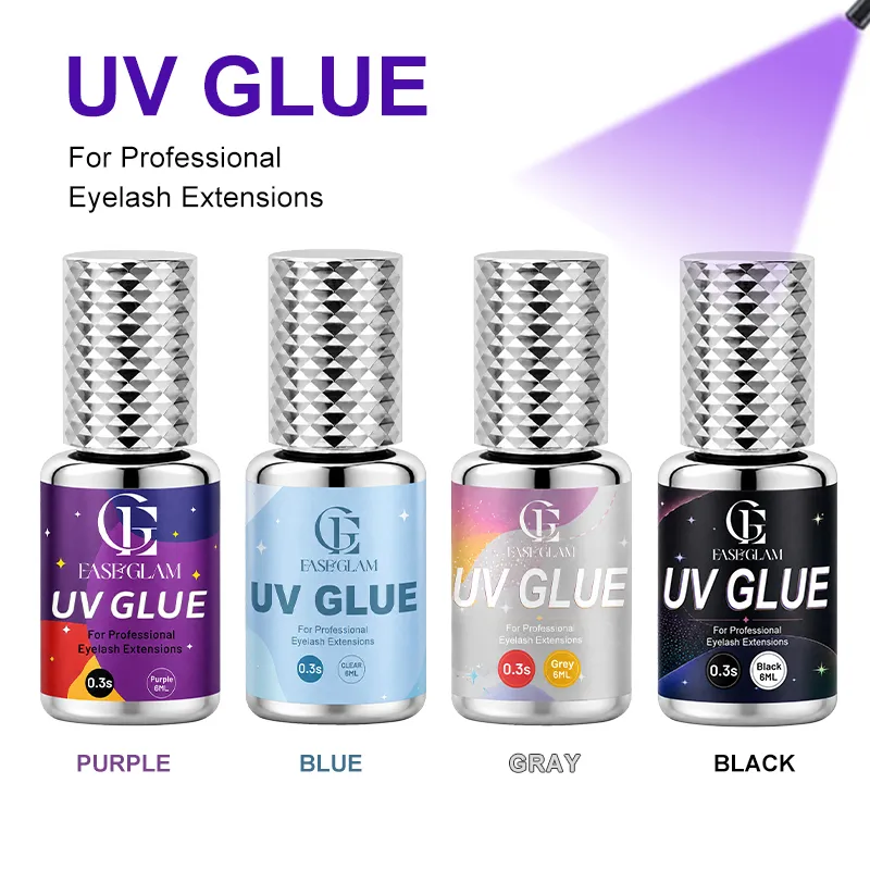 EaseGlam 0.3S UV Eyelash Glue for Lash Extension Low Irritation Strong UV Lash Glue for Makeup Black Purple Led Adhesive 4 Color