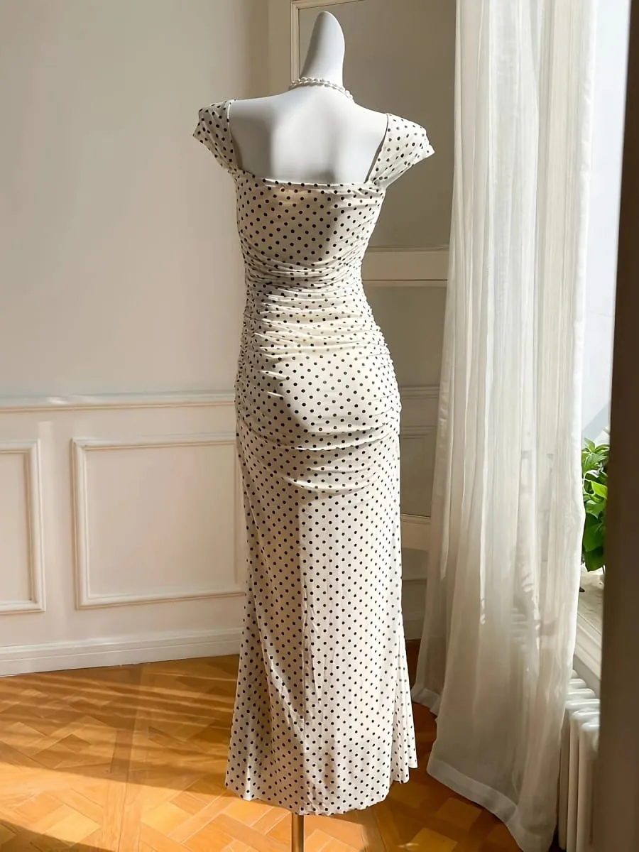 Elegant Lady Polka Dot Print Knitted Long Dress with Square Collar Tight Mermaid Skirt And Split Design for Women