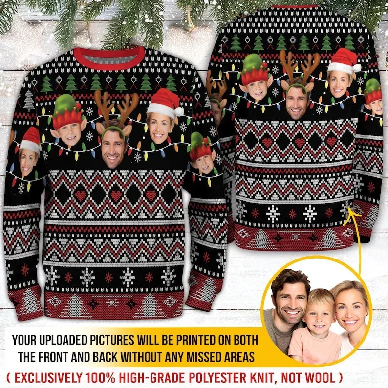 Personalizado sua foto 3d impressão feia camisola de natal diy rosto família pullovers imagem engraçada moletom personalizado presente de natal unisex — image 2
