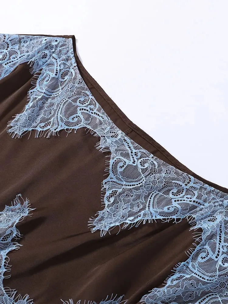 Elegant Lace Patchwork Long Women's Dress Urban Skew-collar Maikling Manggas Empire Pambabae Dresses 2026 Summer Vacation Lady Robe — image 6