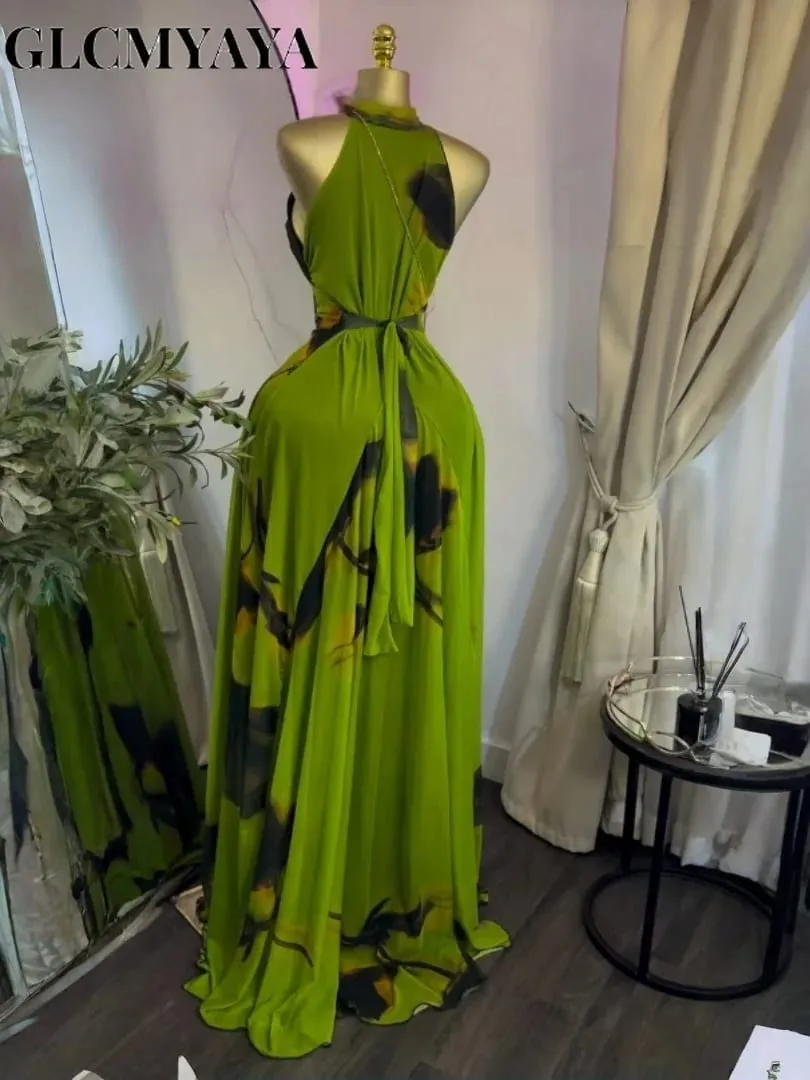 Feminino impresso sem mangas com faixas ajuste e alargamento a linha maxi vestido 2026 streetwear praia férias vestidos longos — image 4