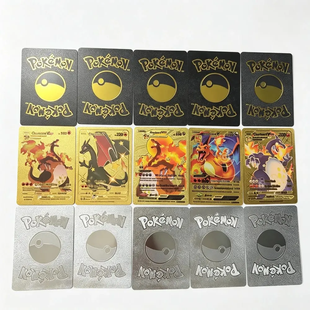 English 10-55Pcs Pokémon Gold Foil Cards Golden Letters English Game Card Charizard Vmax Gx Series Gift — image 6
