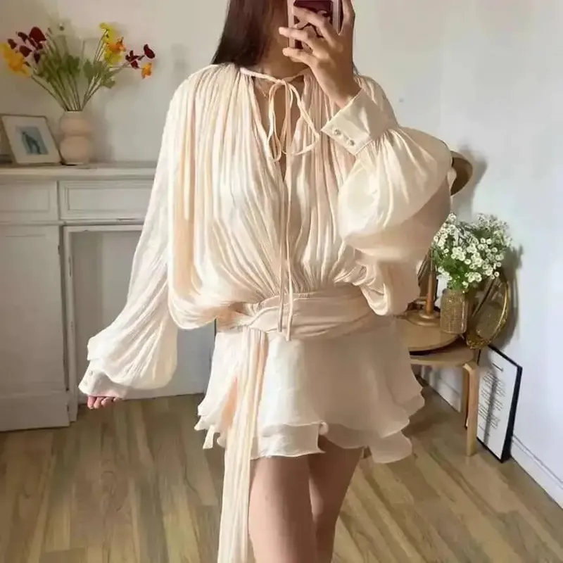 Beige Top Solid Blouse Mini Dresses Para sa Babae V Neck Long Sleeve Spliced Lace Up Sweet Style Dress Pambabaeng Damit Fashion P7WI