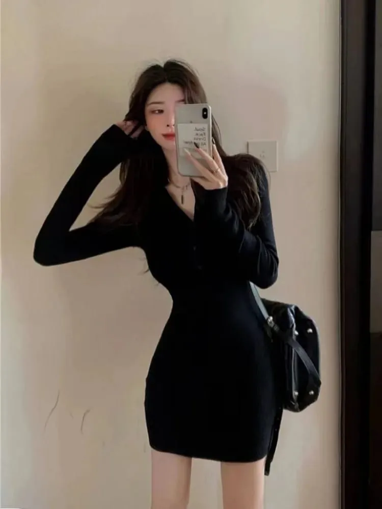 Outono inverno mini vestido feminino com decote em v botão sexy camisola elegante bodycon vestidos de manga longa robe saia curta cintura sólida — image 6