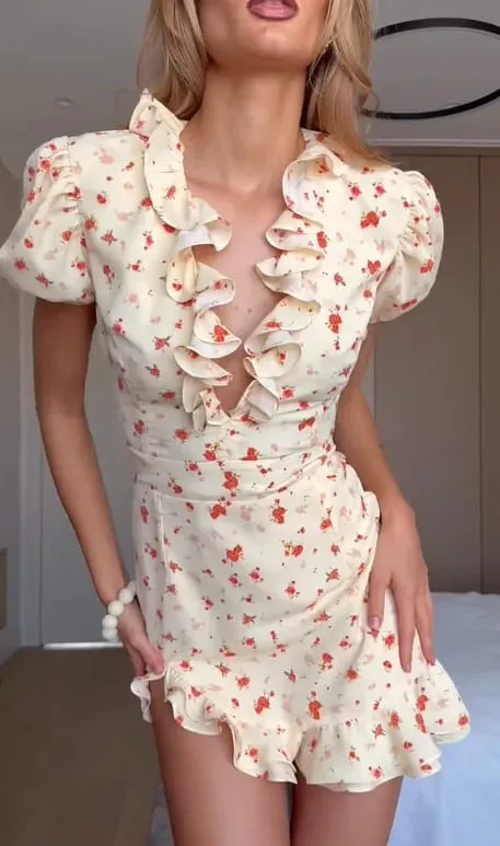 Sexy Print Ruffle Chiffon Mini Dress Women Chic Deep V-neck Long Puff Sleeve Cinched-waist Dresses 2026 Lady Vacation Party Robe — image 8