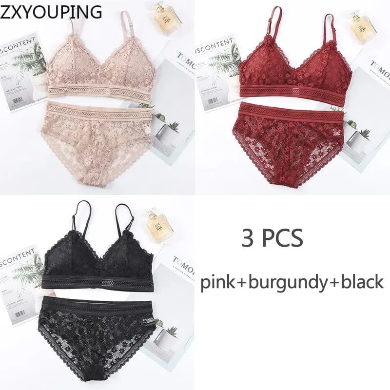 3 Piece Set Bra Sexy Lace Beauty Back Suit Underwear Magtipon ng Seamless Pambabaeng Kasuotang Panty Kumportableng Lingerie — image 8