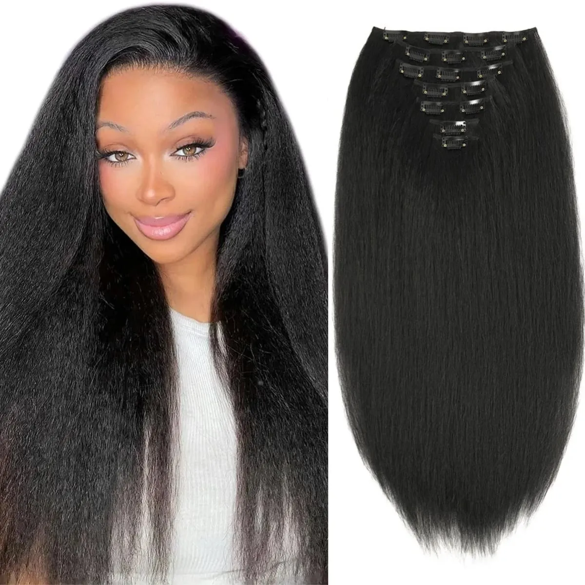 Synthetic Kinky Straight Clip in Hair Extensions 7pcs 16Clips Yaki Straight Clip Ins 22Inch/55cm Full Head Hair Extensions