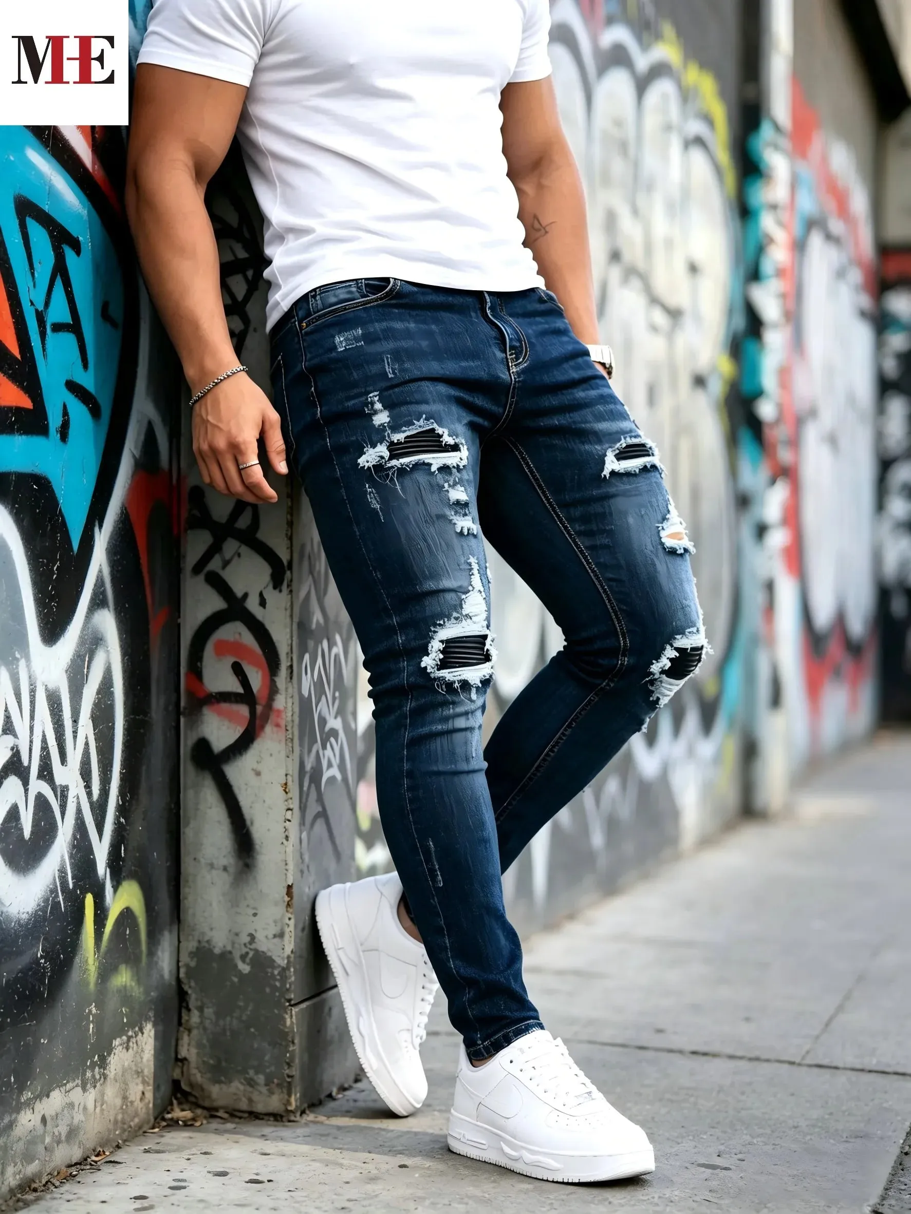 HME Men's Casual Denim Pants Dark Blue Slim Skinny Jeans with Black Stripe Patches for Daily Wear