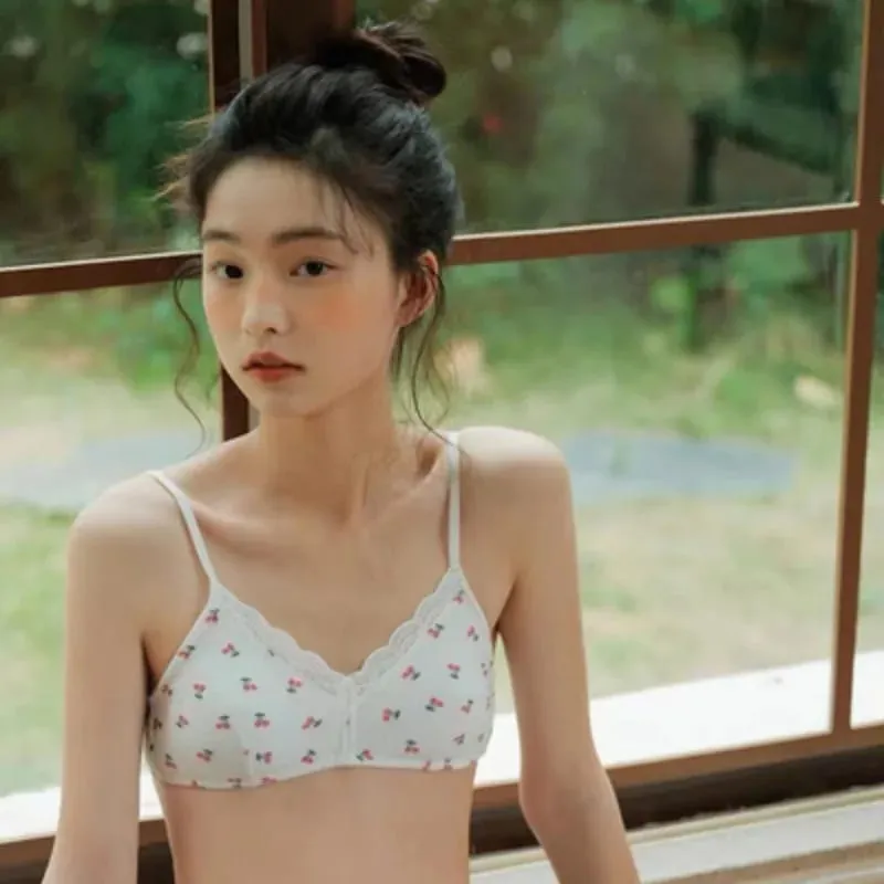 Japanese Sweet Lolita Bra&Panty Set Cherry Strawberry Print Wireless Comfort Bralette Anti Sagging AB Cup MOYISU 32-38-Sexy Bras — image 6