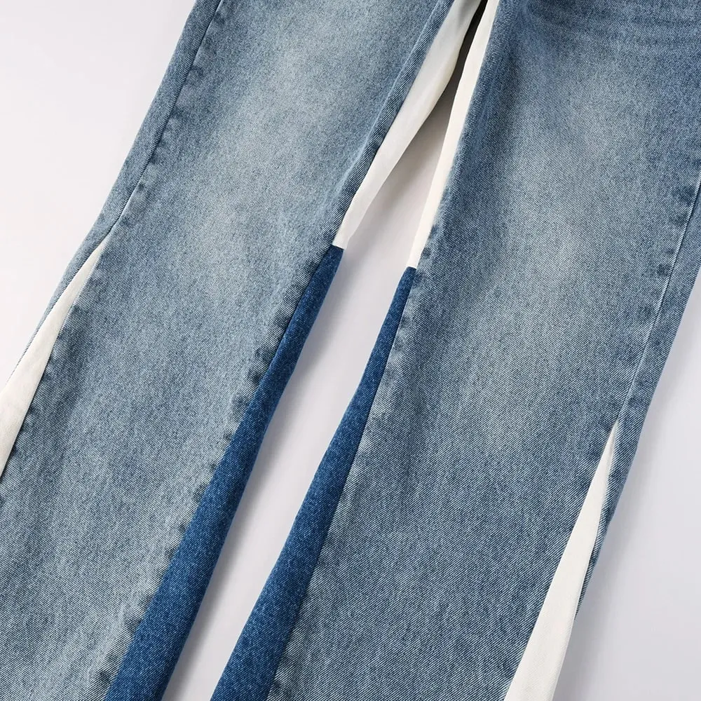 Men Spliced Flared Denim Jeans Patchwork Boot Cut Pants Streetwear Contrast Color Released Hem Blue Trousers — image 3