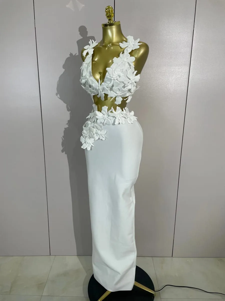 Women Sexy White Flowers V-Neck Tops Bodycon Long Dress Two Pieces Set Eveing Party Prom Gown Nightclub Celebrate Birthday Dress — image 2