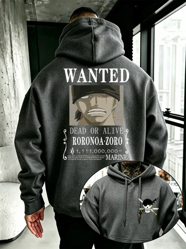 Bandai One Piece Mens Hoodie New Autumn Winter High Quality Warm Pullover Featuring Zoro Wanted Poster Print Casual Style — image 4
