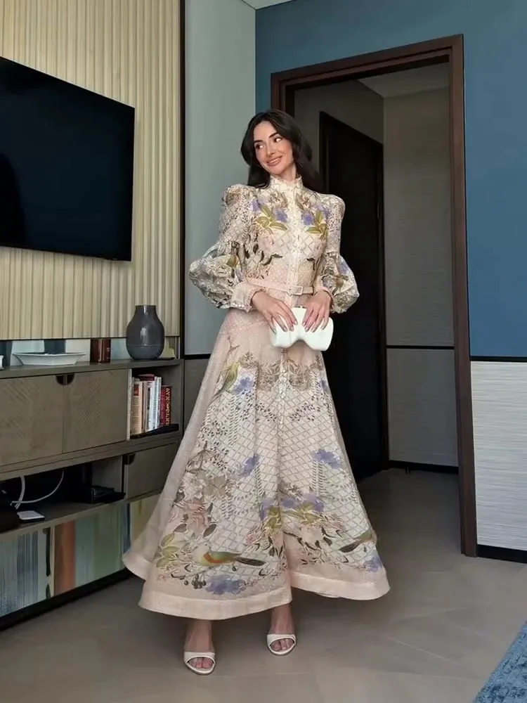 Lace Printed Women's Dress Elegant Half High Collar Loose Sleeve Single Breasted Belt Pambabae Skirt 2026 Summer Lady Draped Robe