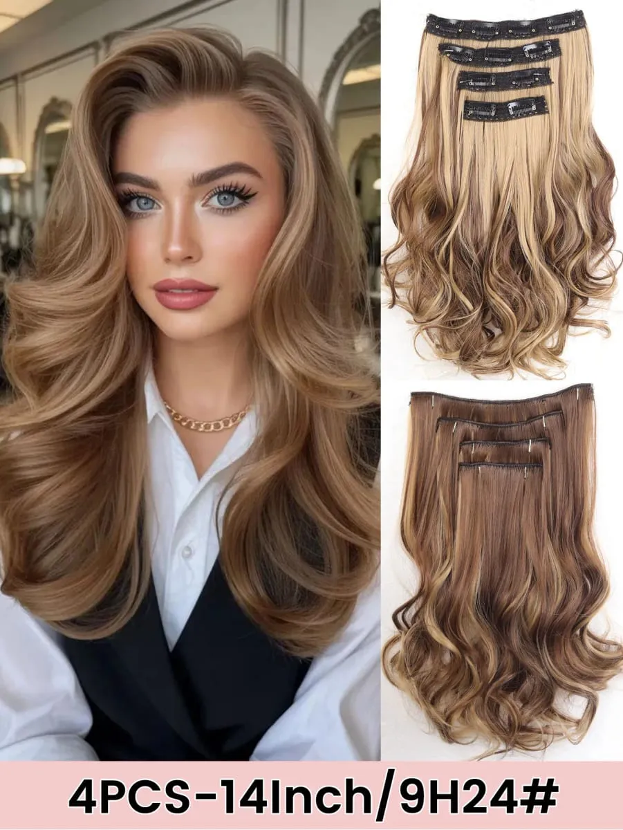 4PCS Full Head 14 Inch Long Curly Wavy Synthetic Hair Pieces Clip In Hair Extensions Natural Wavy For Women Girls Hair