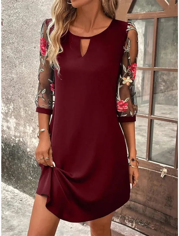 2026 Women's Summer Dresses Trendy Lace Splice Embroidery Mesh Mini Dress Three Quarter Sleeve Round Neck Casual Dress for Women — image 6
