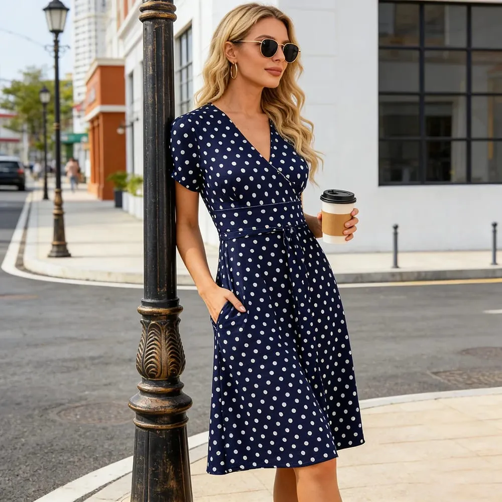 Women's V-Neck Wrap Dress with Pockets Short Sleeve Polka Dot Casual Summer Dress — image 1