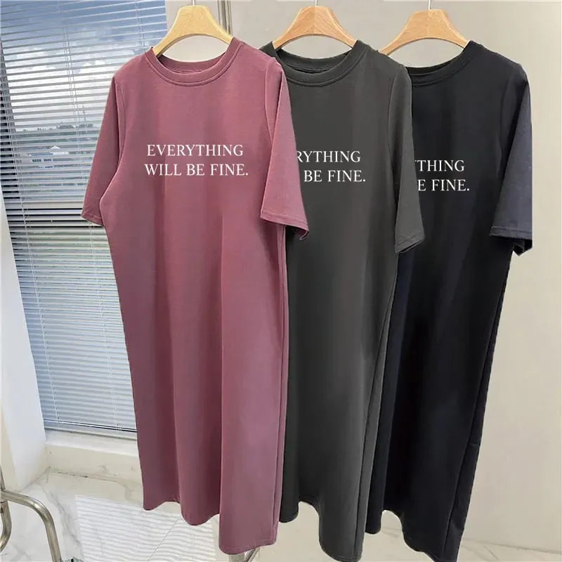 Korean Loose T‑Shirt Maxi Dress Women Letter Printed Round Neck Short Sleeve Side Split Casual Summer Dress — image 4