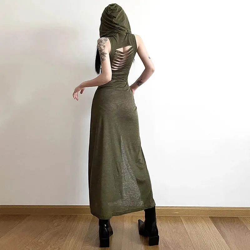 Goth Dark Cyber Gothic Desert Walker Hooded Klänningar Y2k Punk Grunge Hollow Out Midiklänning Dam Sexig Split Side Solid Streetwear — image 4