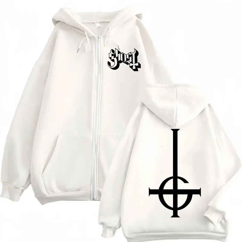 Venda quente Ghost Rock Band Logotipo Zíper Moletom Com Capuz Masculino Feminino Moda de Alta Qualidade Zip Up Moletons Casual Solto Pulôveres de Lã — image 4
