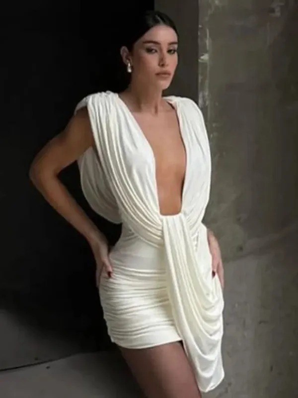 Chic Sleeveless Pleated Slim Mini Dress Women Sexy Solid Backless Hollow Out Round Collar Dresses Lady Evening Party Vestidos — image 9