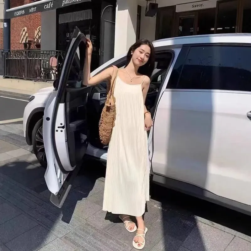 Summer Pleated Cami Dress Slimming Lazy Style French Sexy Fitted Luxe Long Dress for Women Hot Selling Versatile — image 6