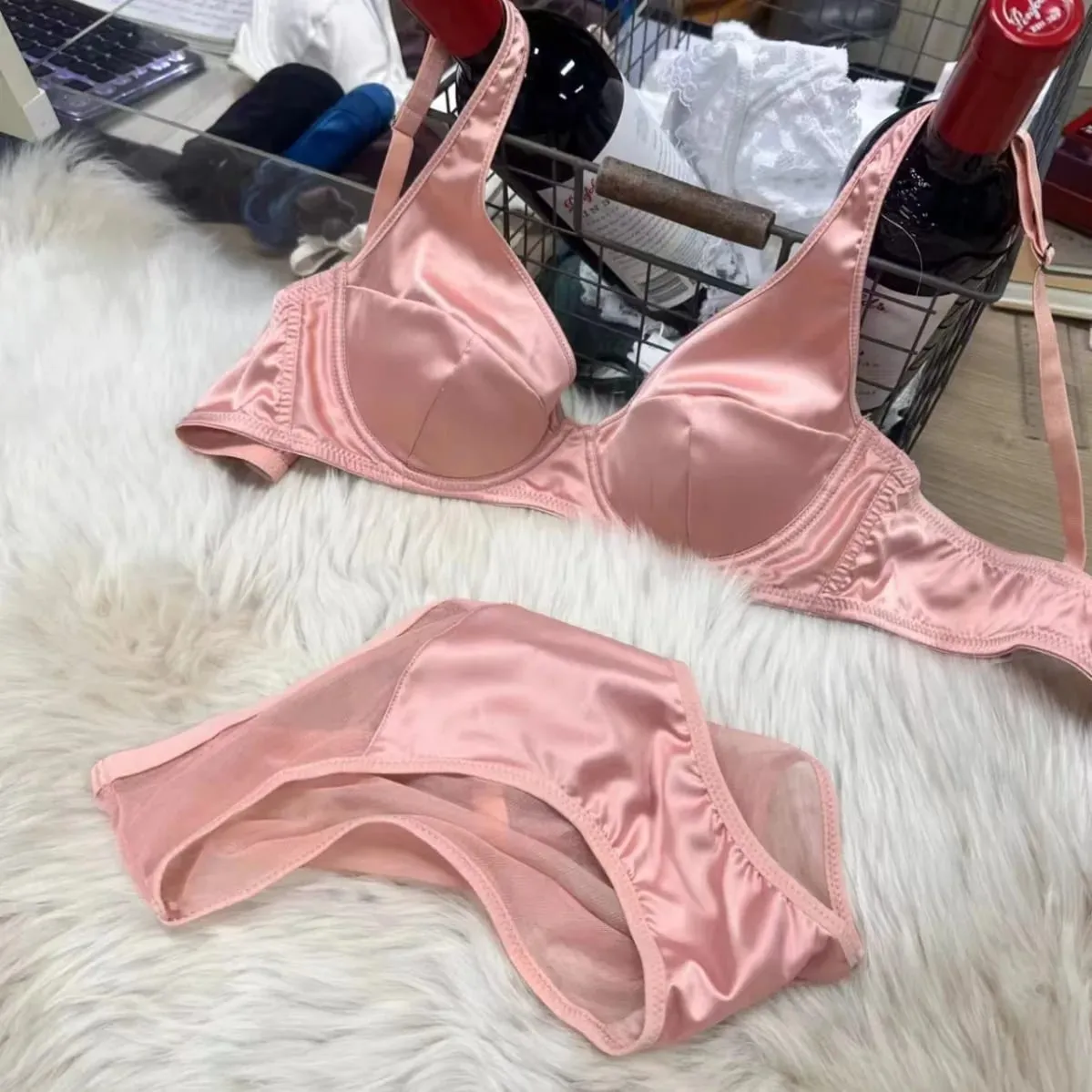 Conjunto de sutiã de cetim reunido, roupa íntima fina e confortável que não deixa marcas, seios grandes mostram pequeno push up lingerie briefs terno — image 3