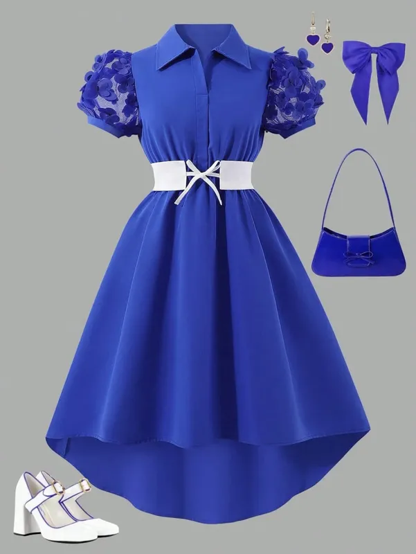Women PuffSleeve ShirtCollar RoyalBlue 3DFloral HiLoHem Midi Dress ElegantRetro SpringSummer Chic Party Club Lightweight Dress