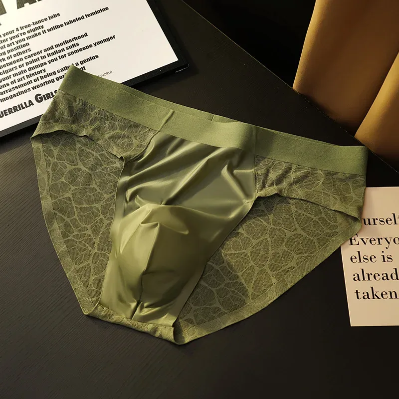 Sem costura jacquard homens triângulo roupa interior de seda gelo fina respirável calcinha de secagem rápida cuecas masculinas sexy u bulge bolsa — image 6