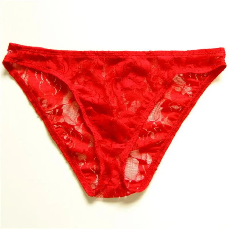 Sexy Men Lace Transparent Briefs Perspective Underwear Hollow Out Rose Mesh Low Rise Panty na Lalaki