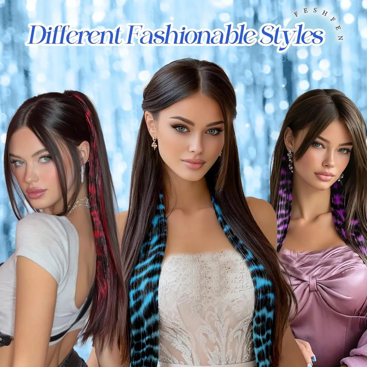 Leopard Printed Clip in Hair Extensions -5 PCS Blue Long Synthetic Straight Clip in Hair Extensions Stripe Printed Hairpiece — image 5