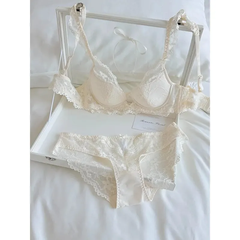 Kvinnor French Flutter Sleeve Spets Underkläder Set Mjukt bygel Tunn Cup Andas Sexig Beauty Back Minimizer BH 32‑38 — image 2