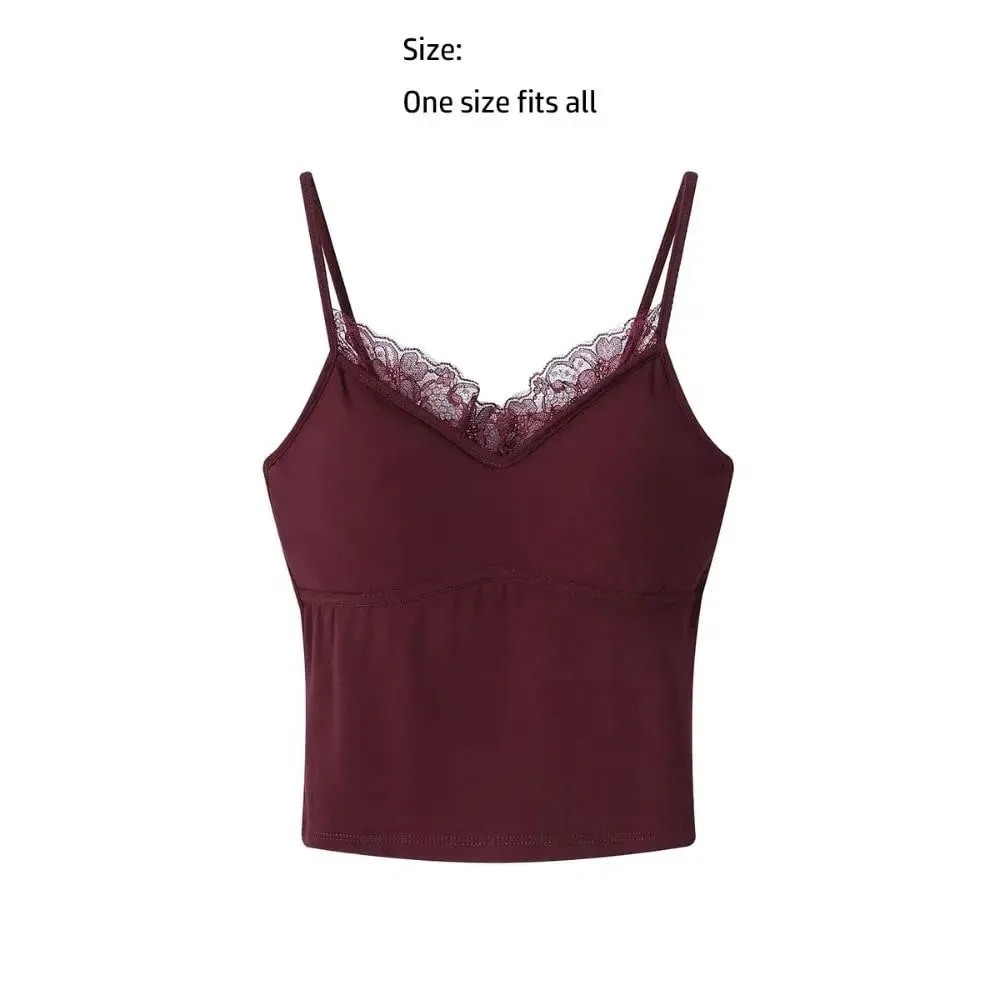 Autumn/Winter Fitted Lace-trimmed Camisole V-Neck Comfortable Slim Fit Camisole Top Soft with Padded Bra Women's Top — image 6