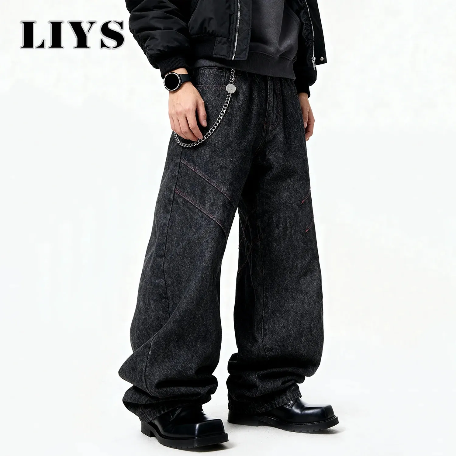 Four Seasons American Retro Men's Black Baggy Wide Leg Jeans Basic Business Casual Loose Denim Pants Unisex Street Jeans — image 4