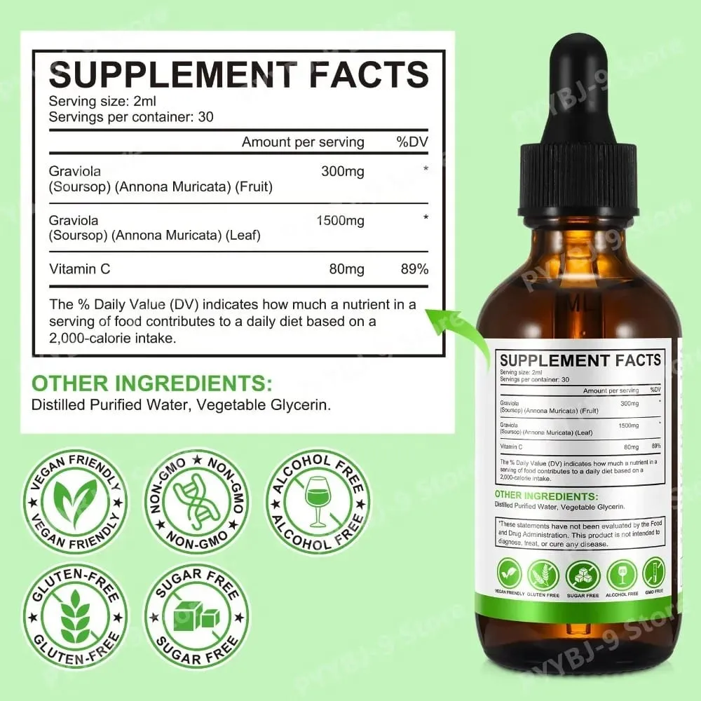 Acentiallabs venda quente 60ml graviola líquido amargo gotas suplementos dietéticos 100% puro orgânico graviola extrato para adlut — image 3