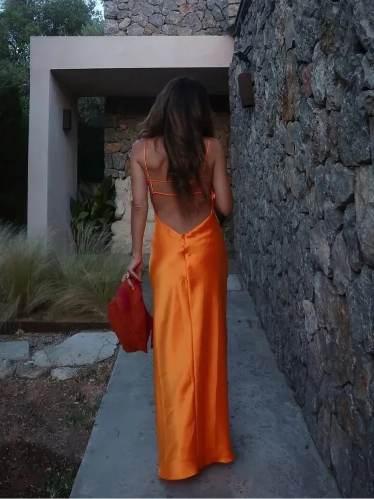 Women Orange Satin Sling Long Dress Fashion Solid Backless Sleeveless V-neck Pleated Gowns 2026 Lady Evening Party Robes Summer — image 4