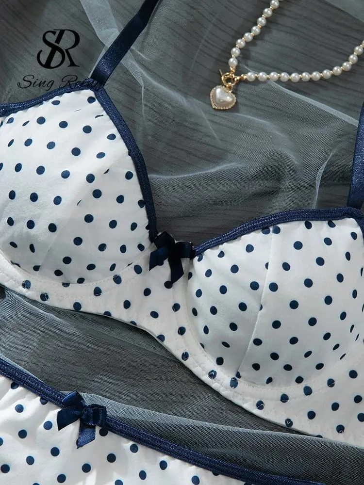 Conjuntos de lingerie com estampa de bolinhas francesas, sutiã com alça para mulheres + cuecas doces, roupa íntima vintage, 2 peças — image 3