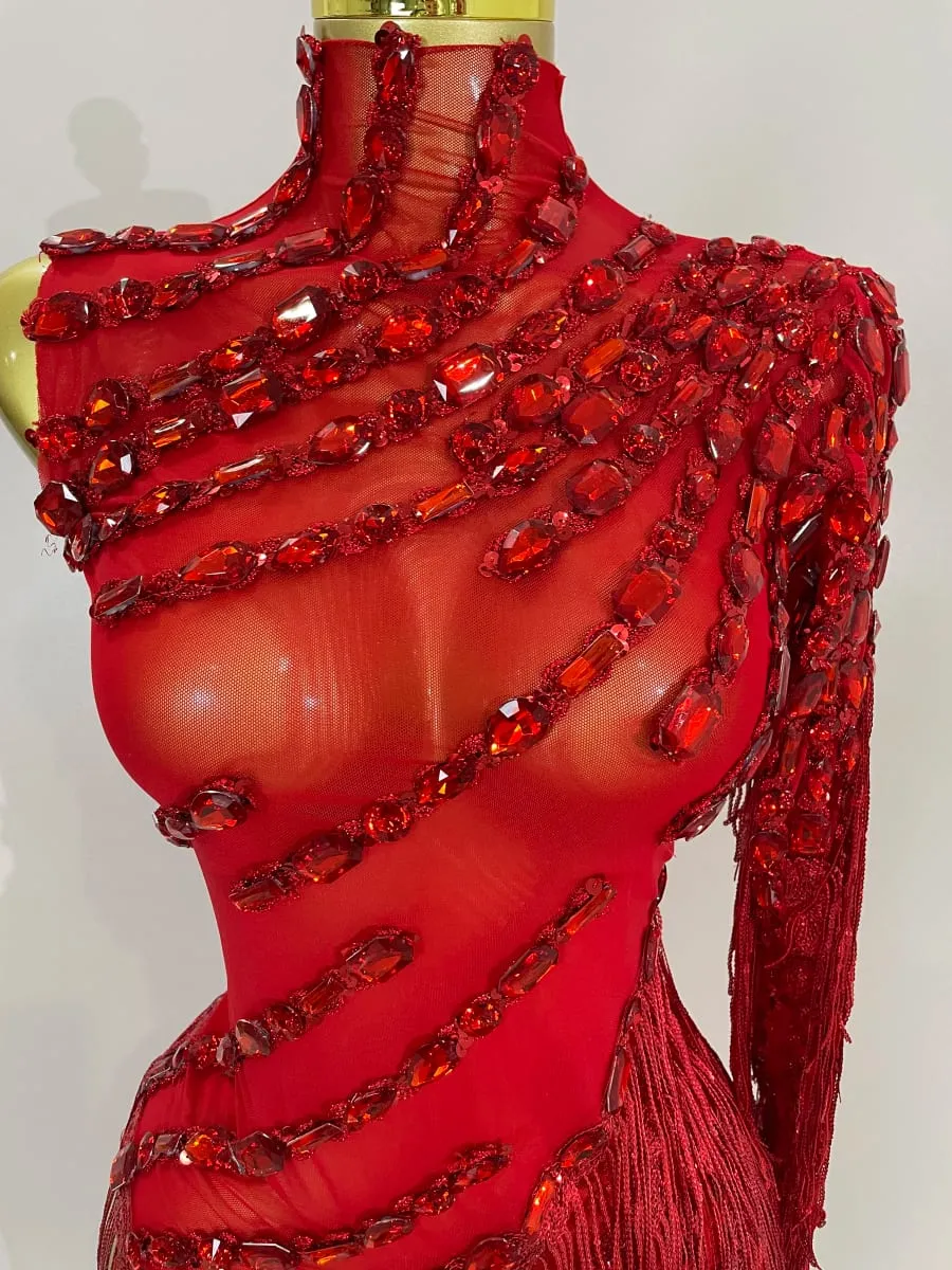 Strass brilhantes borla sexy vestido transparente feminino um ombro roupas de dança latina bar boate festa palco traje — image 6