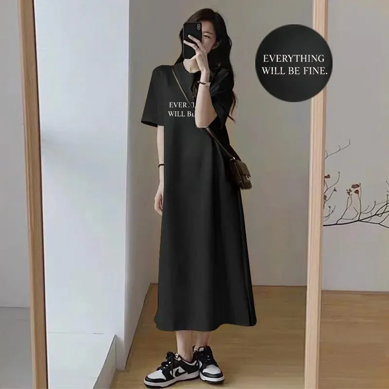 Korean Loose T‑Shirt Maxi Dress Women Letter Printed Round Neck Short Sleeve Side Split Casual Summer Dress — image 2