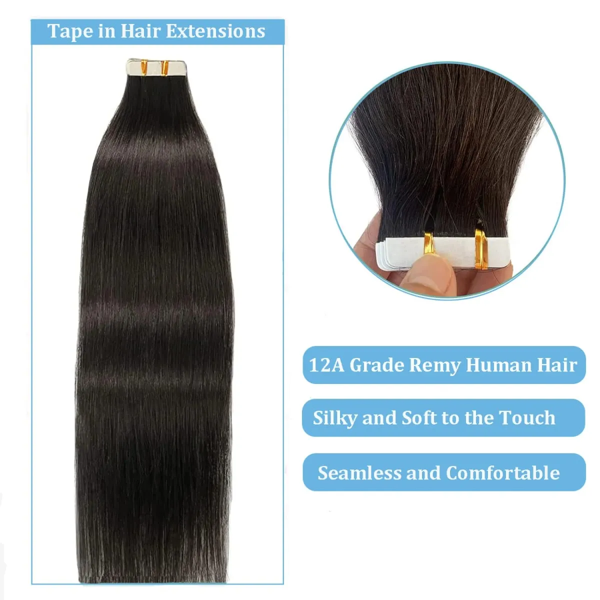Tape In Hair Extensions Remy 100 Human Hair Straight Seamless Skin Weft Tape Hair Extensions Natural Black Hair For Women — image 6